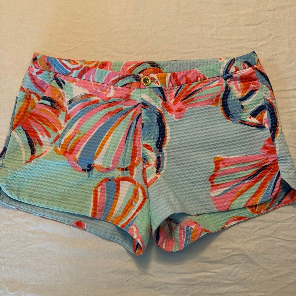 Lilly Pulitzer | Seersucker Seashell Shorts | Blue Pink Cotton Side Zip | Size 4
